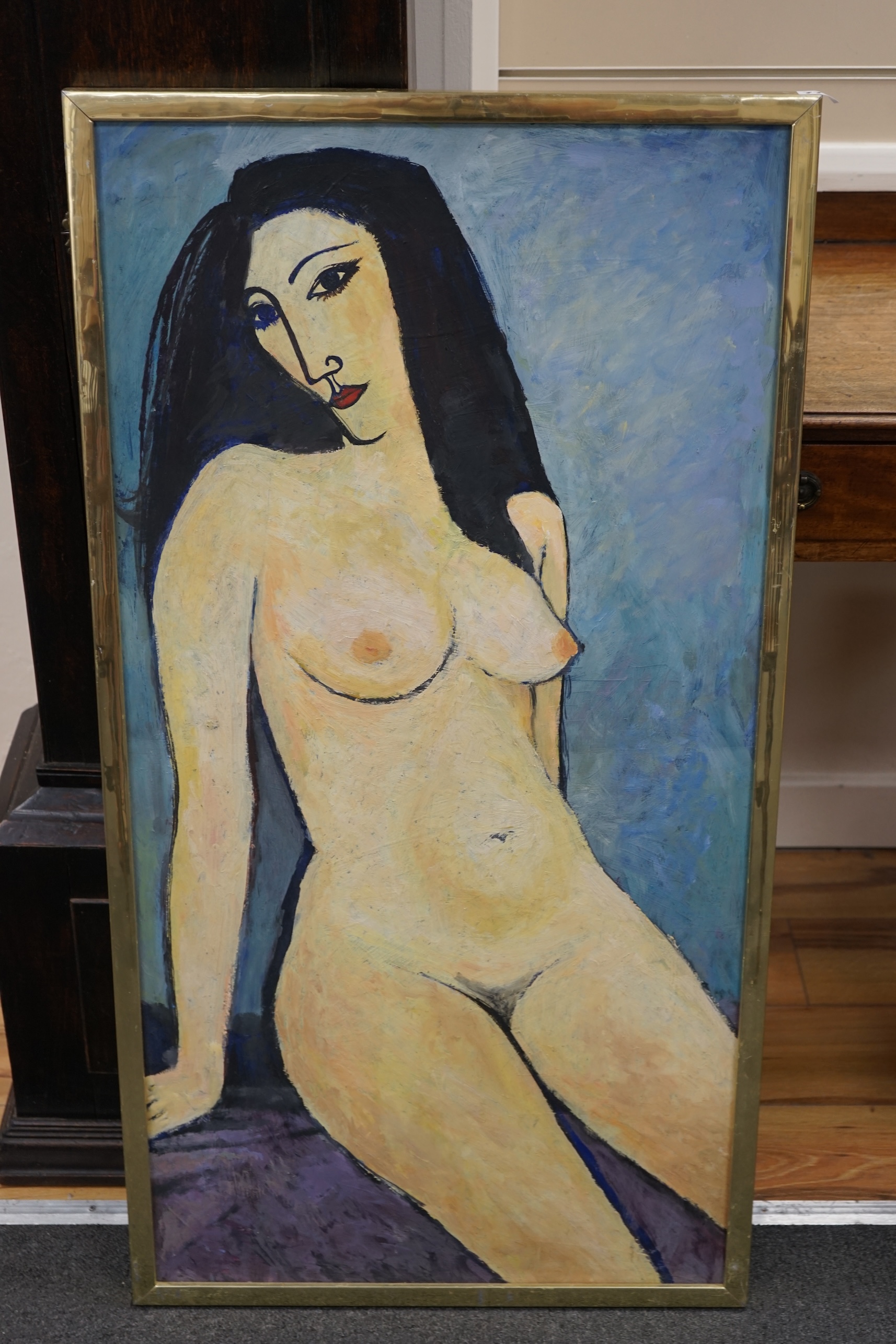 Stylised oil on board, Study of a nude female, unsigned, 101 x 51cm. Condition - good